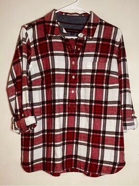 Tommy Hilfiger Red White and Black Plaid Roll-Tab Button Shirt